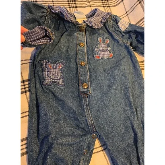 Vintage Little Me Jean Denim 6 Month Bunny Rabbit Plaid Ruffle Outfit Romper...